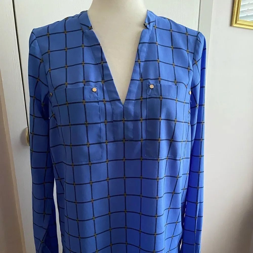 Michael Michael Kors Blue Black Gold Print V-Neck Long Sleeve Tunic Top Size S